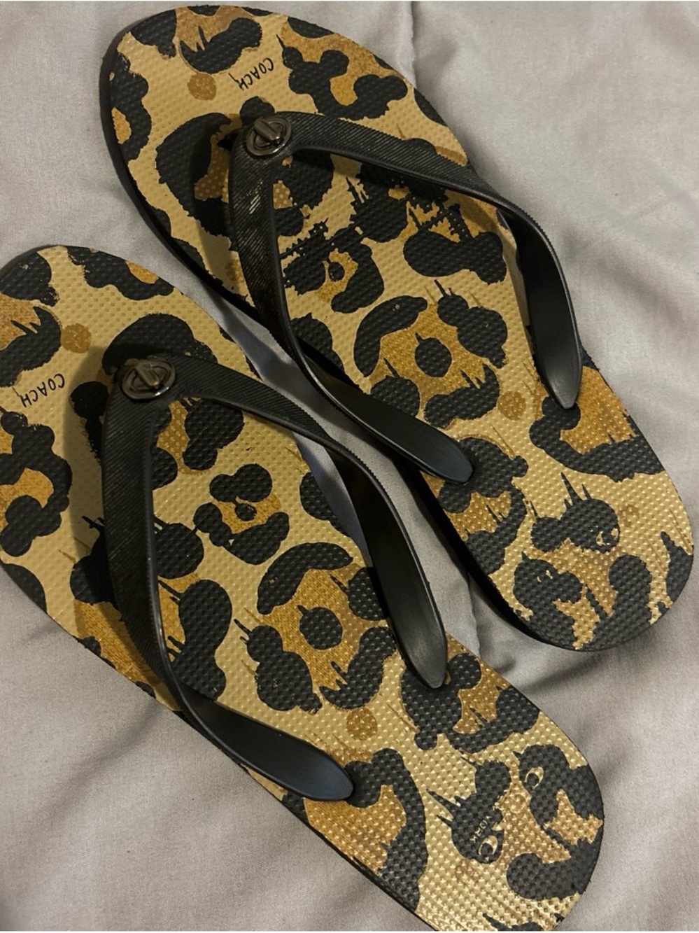 Coach Black & Tan Leopard Flip Flops